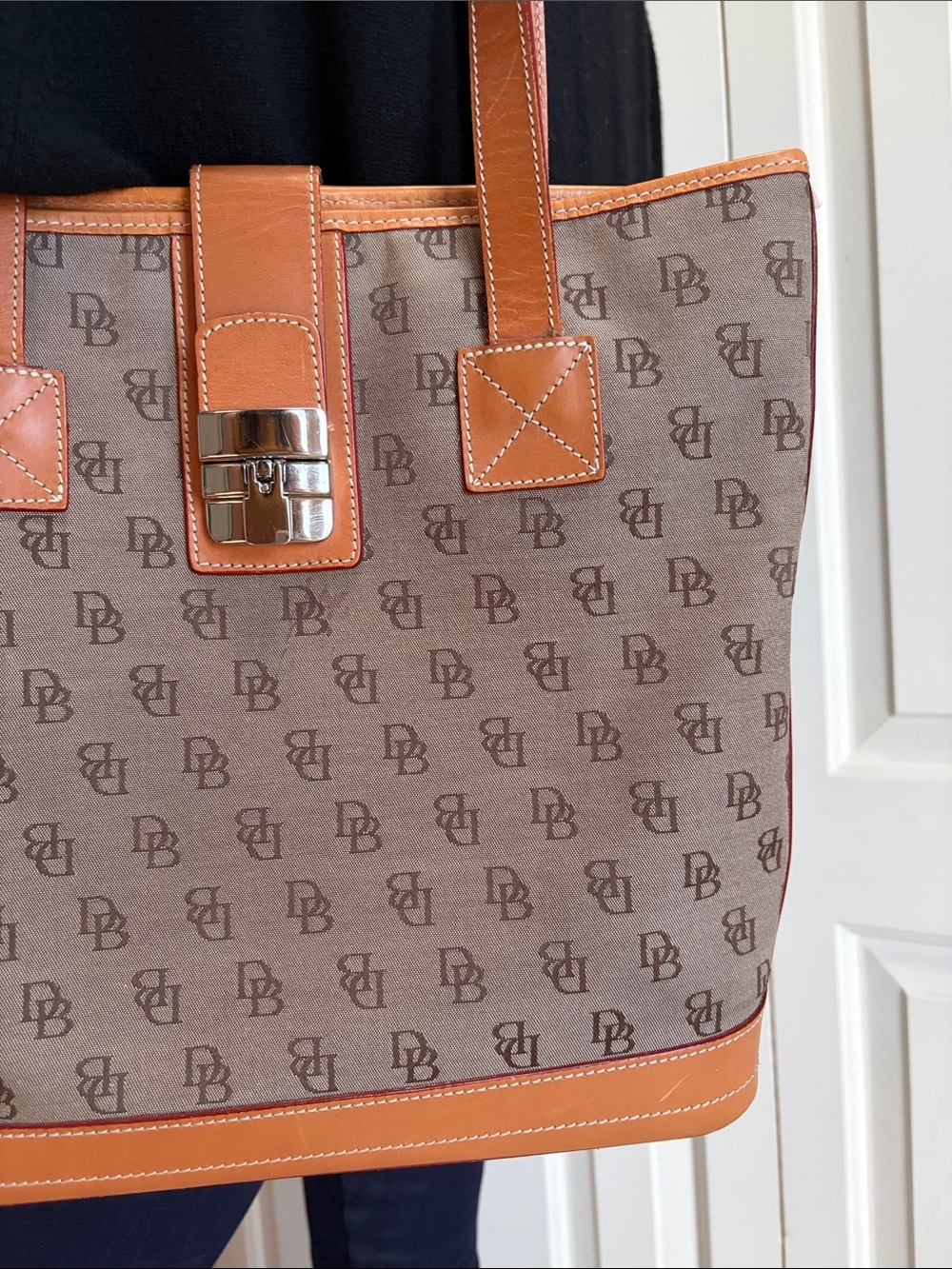 Dooney & Bourke Brown Monogram Tote with Tan Leather Trim - Picture 2 of 11